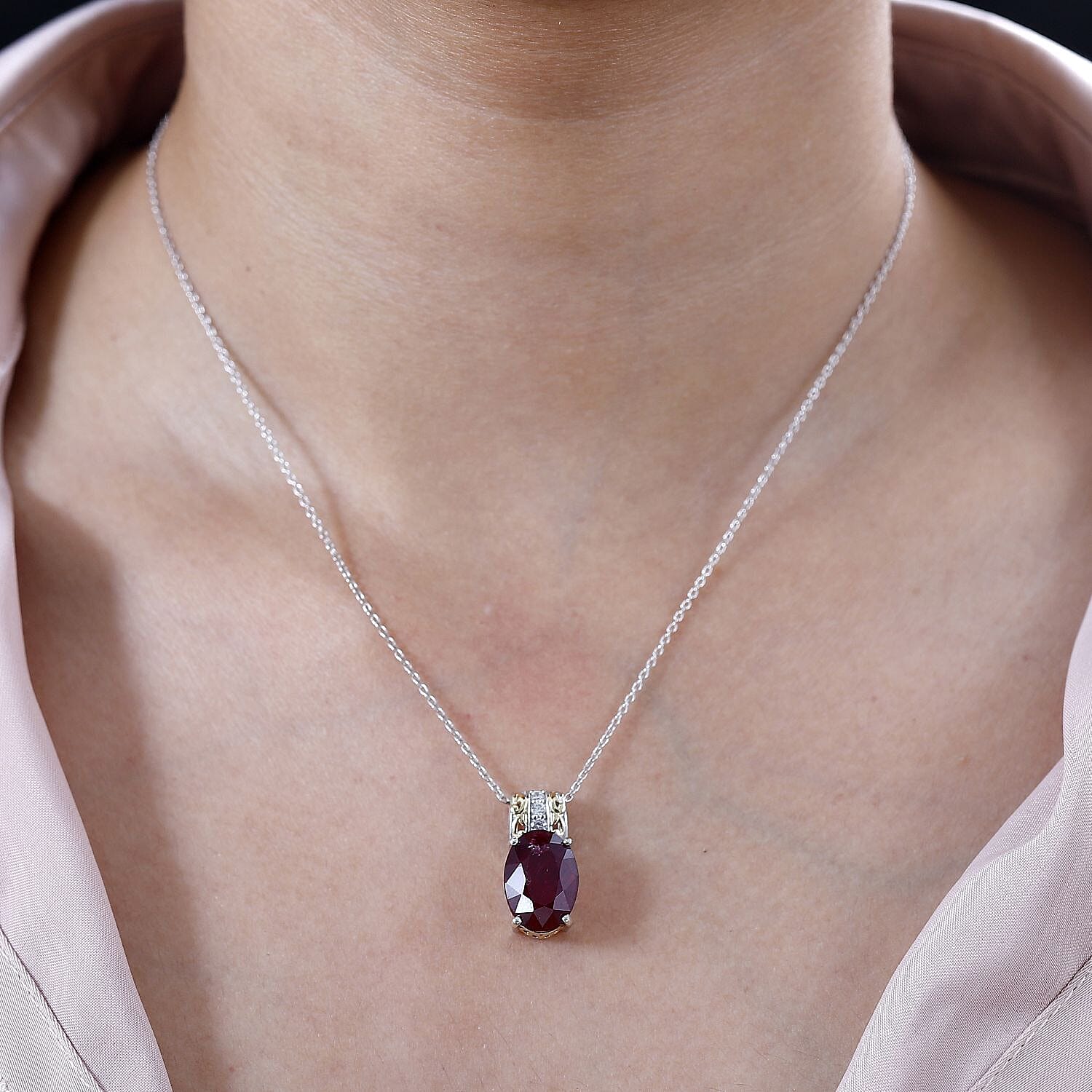 Niassa Ruby (FF) and White Zircon Pendant Necklace 20 Inches in 18K Vermeil YG and Rhodium Over Sterling Silver 9.25 ctw
