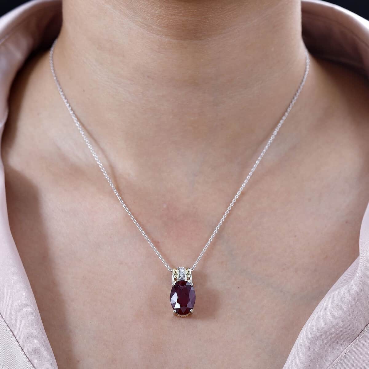 Niassa Ruby (FF) and White Zircon Pendant Necklace 20 Inches in 18K Vermeil YG and Rhodium Over Sterling Silver 10.25 ctw (Del. in 5-7 Days)  image number 2