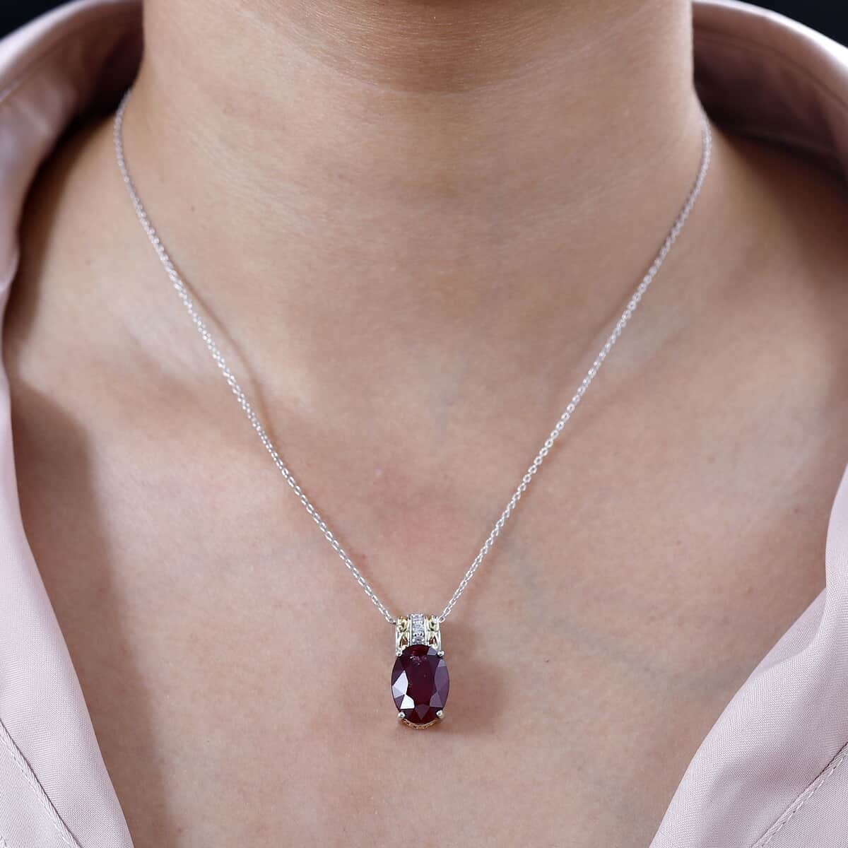 Niassa Ruby (FF) and White Zircon Pendant Necklace 20 Inches in 18K Vermeil YG and Rhodium Over Sterling Silver 9.25 ctw image number 2