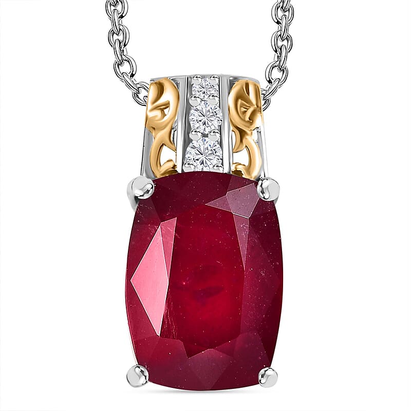 Niassa Ruby (FF) and White Zircon Pendant Necklace 20 Inches in 18K Vermeil YG and Rhodium Over Sterling Silver 10.35 ctw