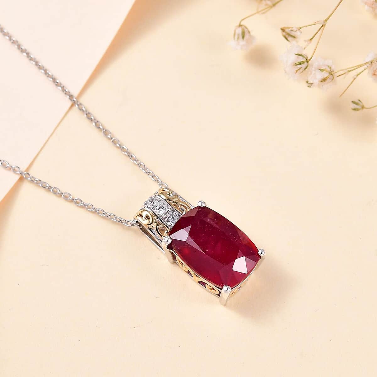 Niassa Ruby (FF) and White Zircon Pendant Necklace 20 Inches in 18K Vermeil YG and Rhodium Over Sterling Silver 10.35 ctw image number 1