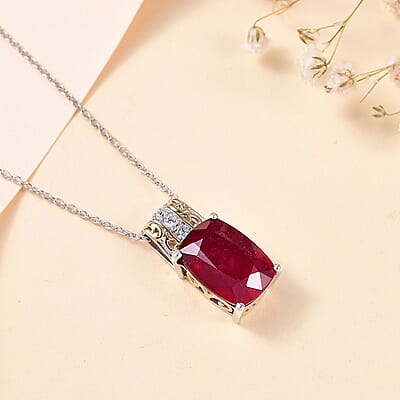 Niassa Ruby (FF) and White Zircon Pendant Necklace 20 Inches in 18K Vermeil YG and Rhodium Over Sterling Silver 10.35 ctw