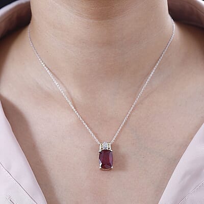 Niassa Ruby (FF) and White Zircon Pendant Necklace 20 Inches in 18K Vermeil YG and Rhodium Over Sterling Silver 10.35 ctw