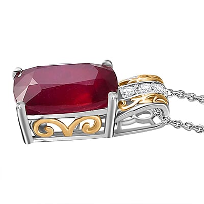 Niassa Ruby (FF) and White Zircon Pendant Necklace 20 Inches in 18K Vermeil YG and Rhodium Over Sterling Silver 10.35 ctw