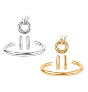 Set of 6, Ever True Hoop Earrings, Cuff Bracelet (7.50 In) and Necklace 20 Inches in ION Plated YG and Stainless Steel