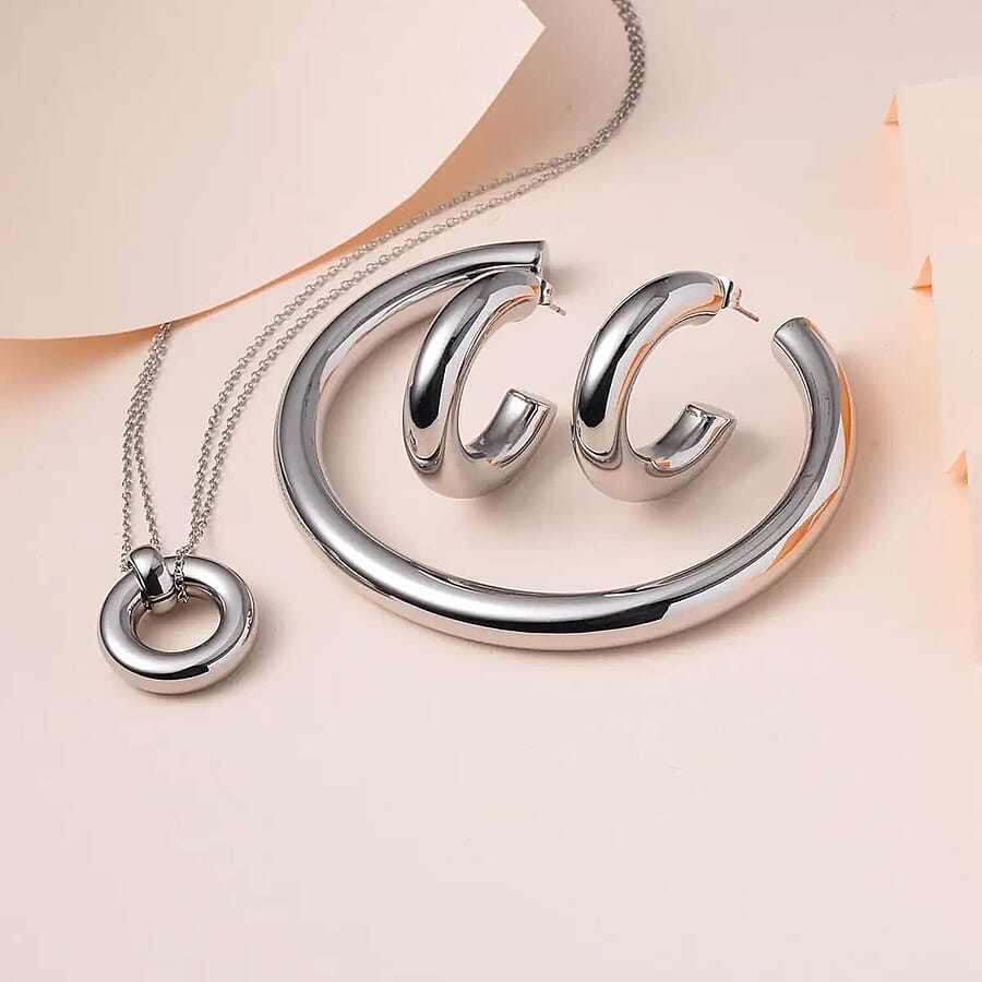 Set of 2, Ever True Hoop Earrings, Cuff Bracelet (7.50 In) and Necklace 20 Inches in ION Plated YG and Stainless Steel