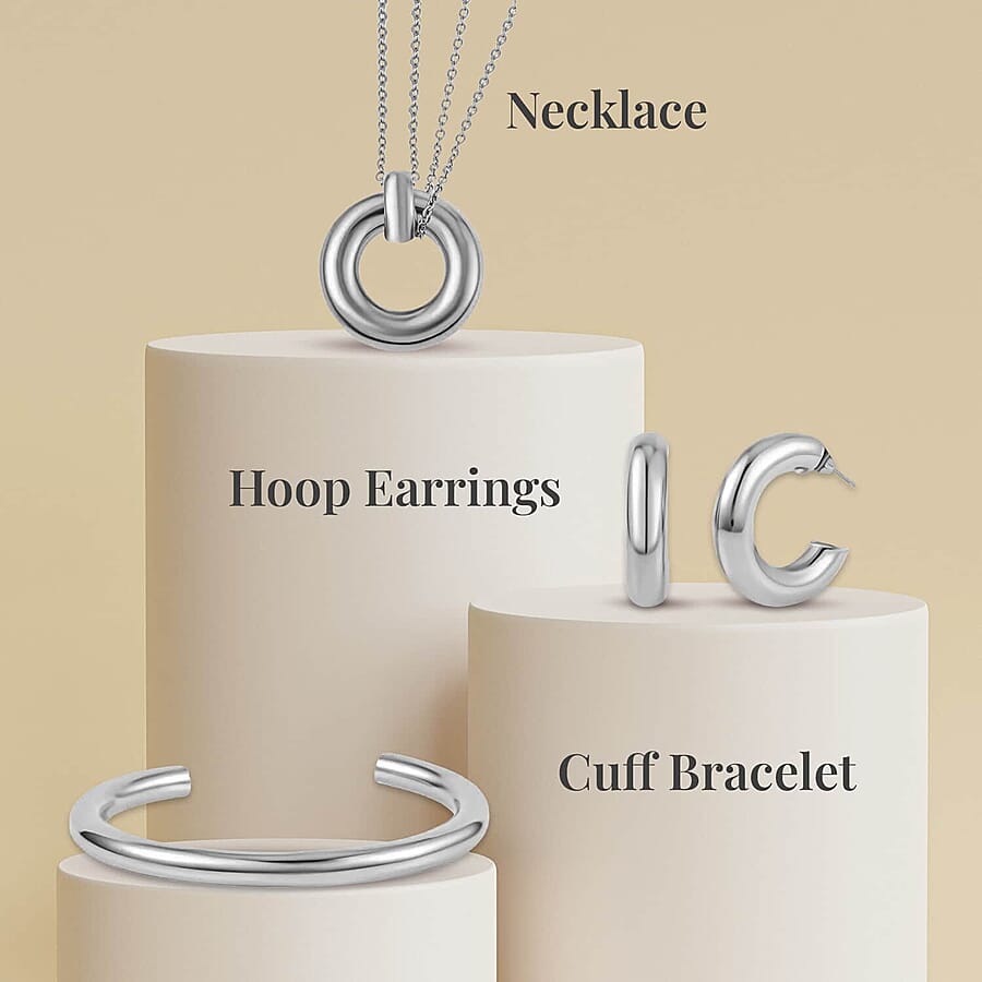 Set of 2, Ever True Hoop Earrings, Cuff Bracelet (7.50 In) and Necklace 20 Inches in ION Plated YG and Stainless Steel