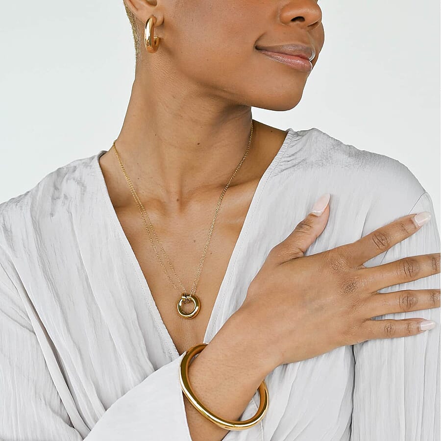 Set of 2, Ever True Hoop Earrings, Cuff Bracelet (7.50 In) and Necklace 20 Inches in ION Plated YG and Stainless Steel