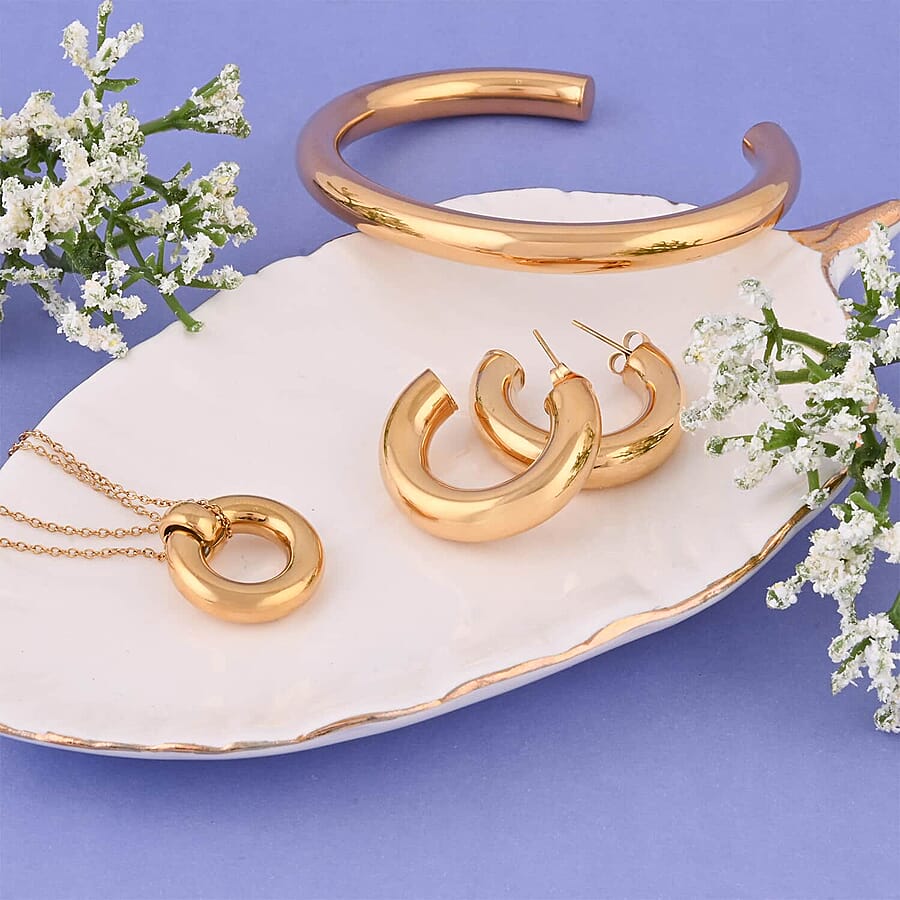 Set of 2, Ever True Hoop Earrings, Cuff Bracelet (7.50 In) and Necklace 20 Inches in ION Plated YG and Stainless Steel