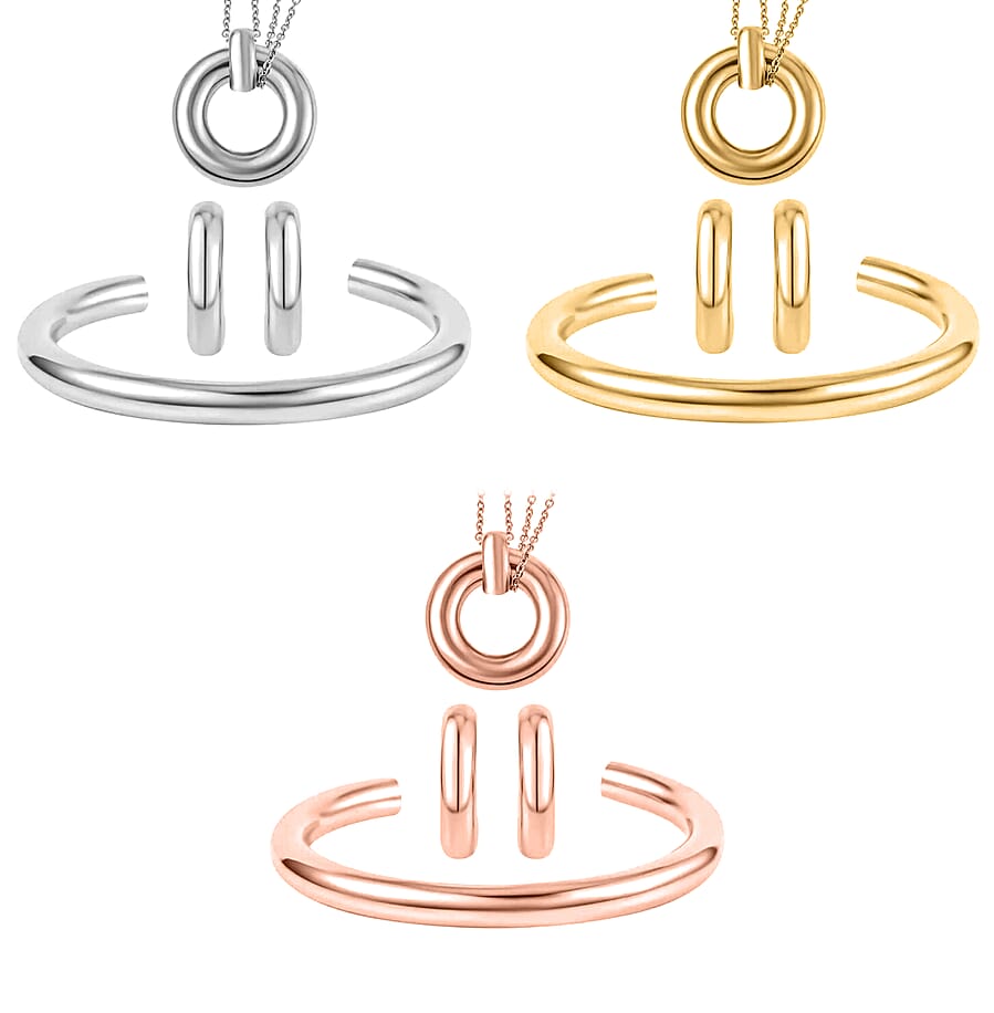 Set of 2, Ever True Hoop Earrings, Cuff Bracelet (7.50 In) and Necklace 20 Inches in ION Plated YG and Stainless Steel