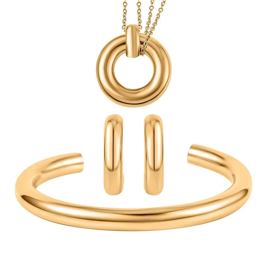 Set of 2, Ever True Hoop Earrings, Cuff Bracelet (7.50 In) and Necklace 20 Inches in ION Plated YG and Stainless Steel