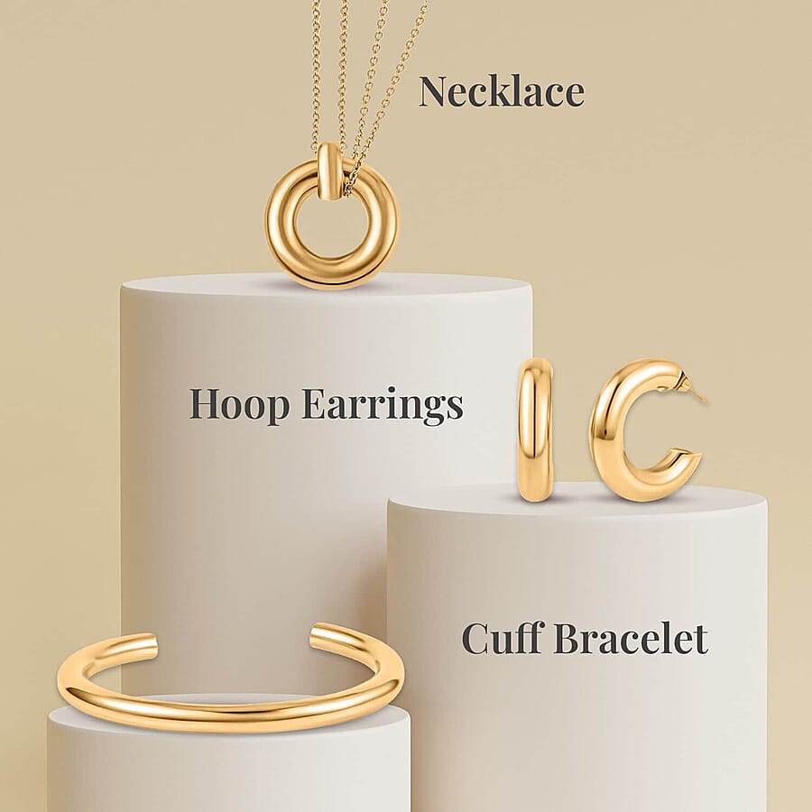 Set of 2, Ever True Hoop Earrings, Cuff Bracelet (7.50 In) and Necklace 20 Inches in ION Plated YG and Stainless Steel