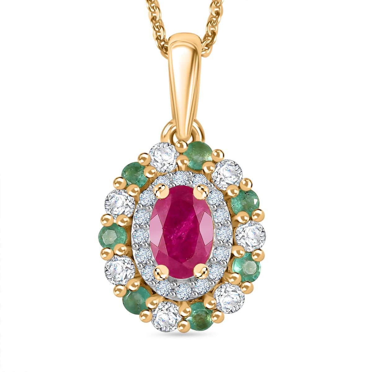 Montepuez Ruby and Multi Gemstone Double Halo Pendant Necklace 20 Inches in 18K Vermeil Yellow Gold Over Sterling Silver 1.30 ctw image number 0