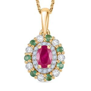 Montepuez Ruby and Multi Gemstone Double Halo Pendant Necklace 20 Inches in 18K Vermeil Yellow Gold Over Sterling Silver 1.30 ctw