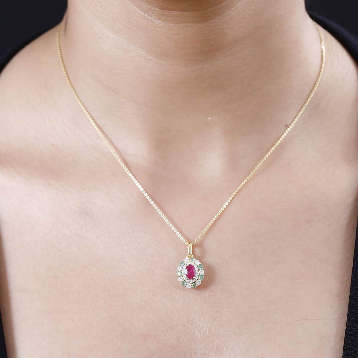 Montepuez Ruby and Multi Gemstone Double Halo Pendant Necklace 20 Inches in 18K Vermeil Yellow Gold Over Sterling Silver 1.30 ctw image number 2