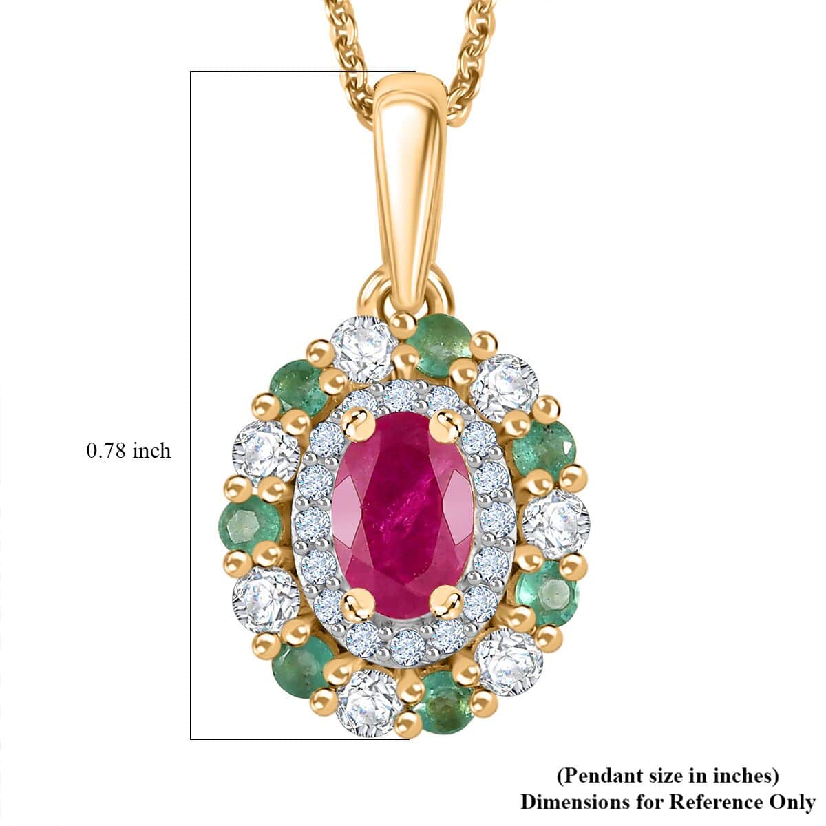 Montepuez Ruby and Multi Gemstone Double Halo Pendant Necklace 20 Inches in 18K Vermeil Yellow Gold Over Sterling Silver 1.30 ctw image number 6