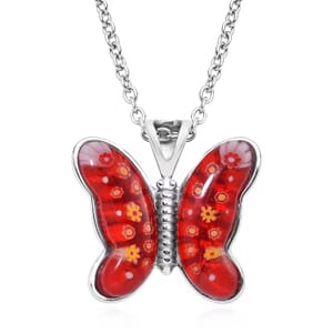 Red Murano Style Butterfly Necklace in Stainless Steel 24 Inches