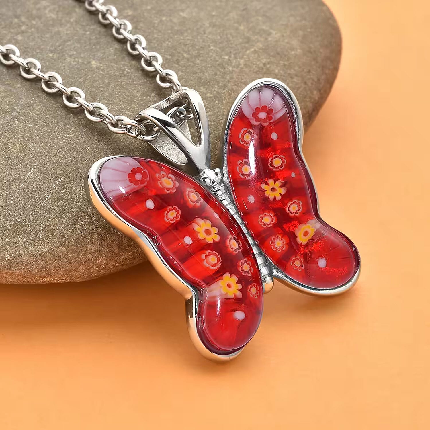 Red Murano Style Butterfly Necklace in Stainless Steel 24 Inches