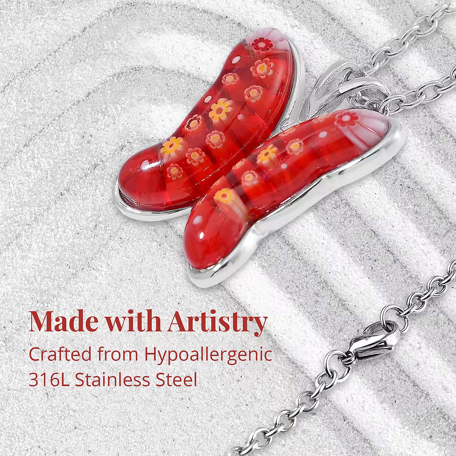 Red Murano Style Butterfly Necklace in Stainless Steel 24 Inches