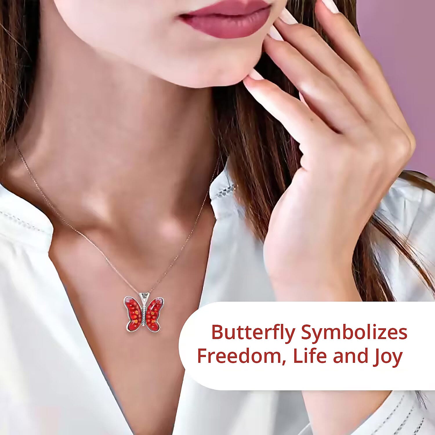 Red Murano Style Butterfly Necklace in Stainless Steel 24 Inches