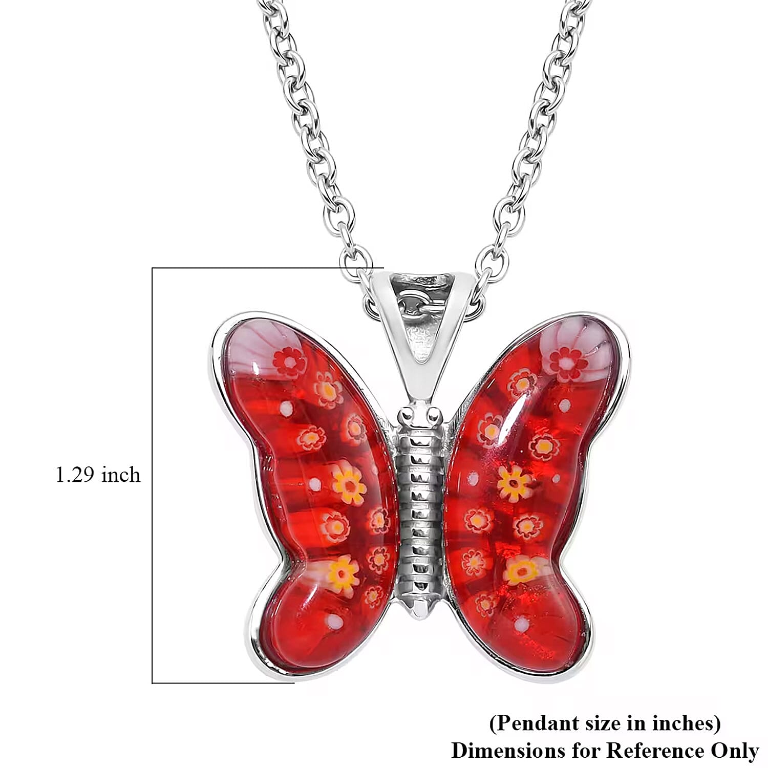 Red Murano Style Butterfly Necklace in Stainless Steel 24 Inches