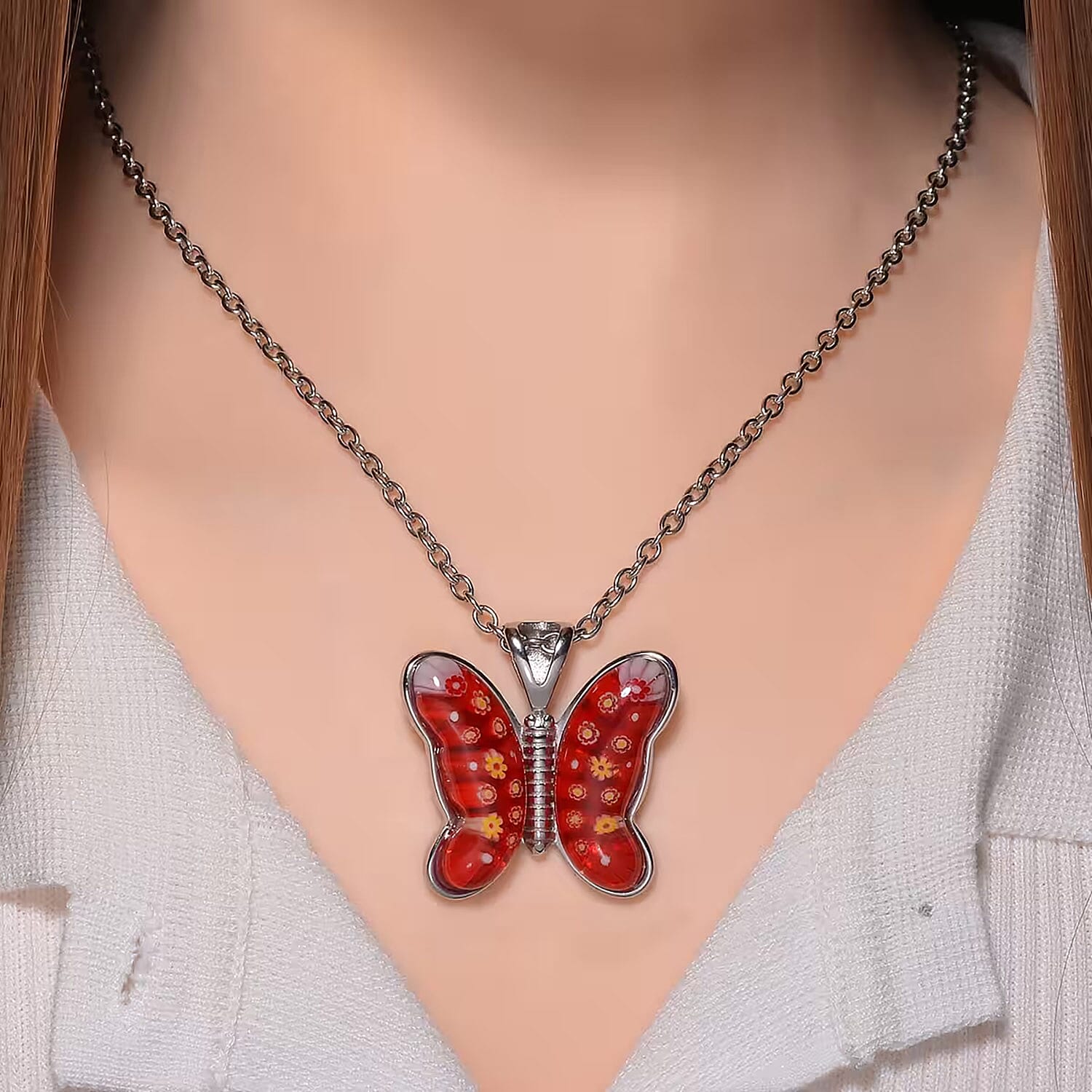 Red Murano Style Butterfly Necklace in Stainless Steel 24 Inches