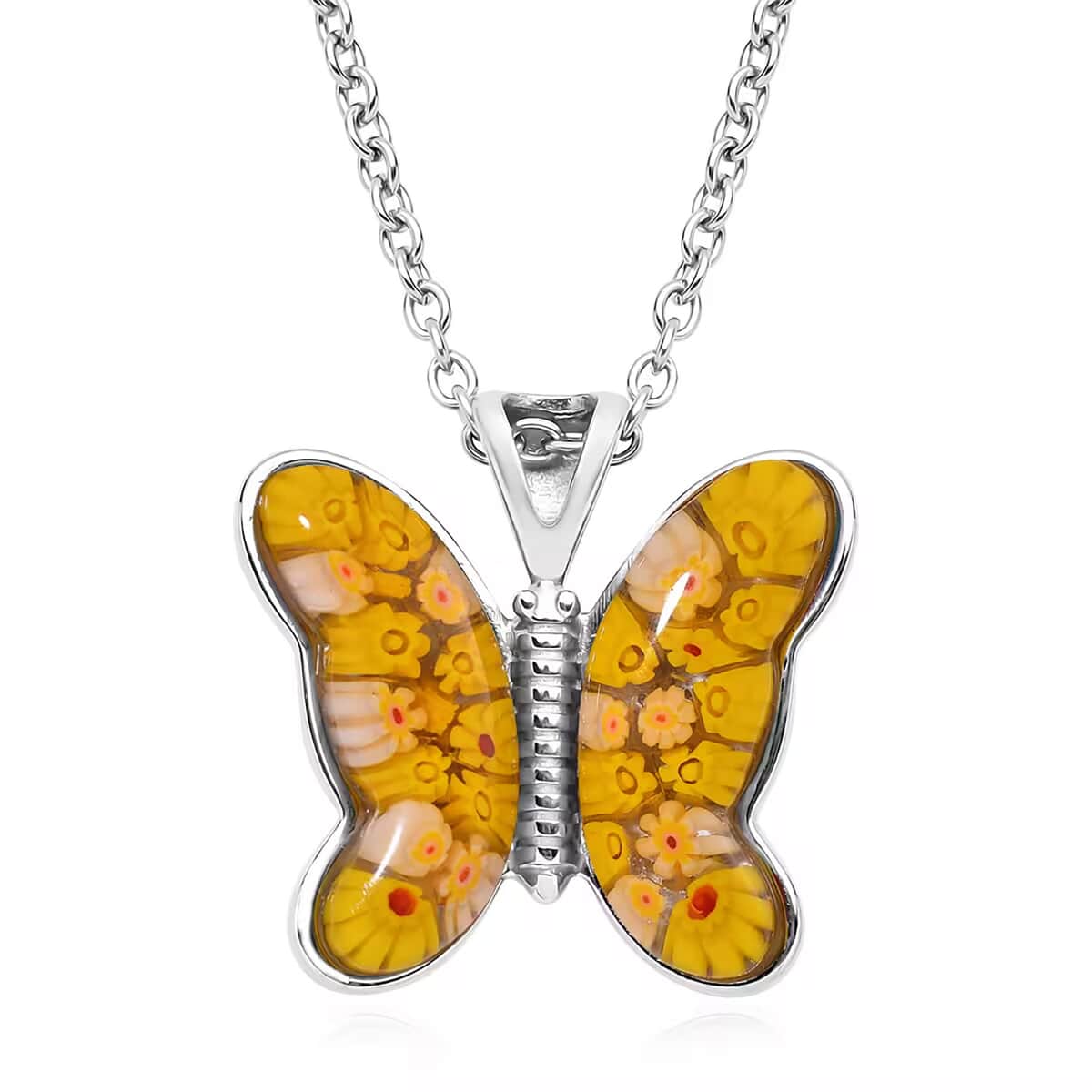 Yellow Murano Style Butterfly Necklace in Stainless Steel 24 Inches image number 0