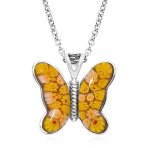 Yellow Murano Style Butterfly Pendant Necklace in Stainless Steel 24 Inches