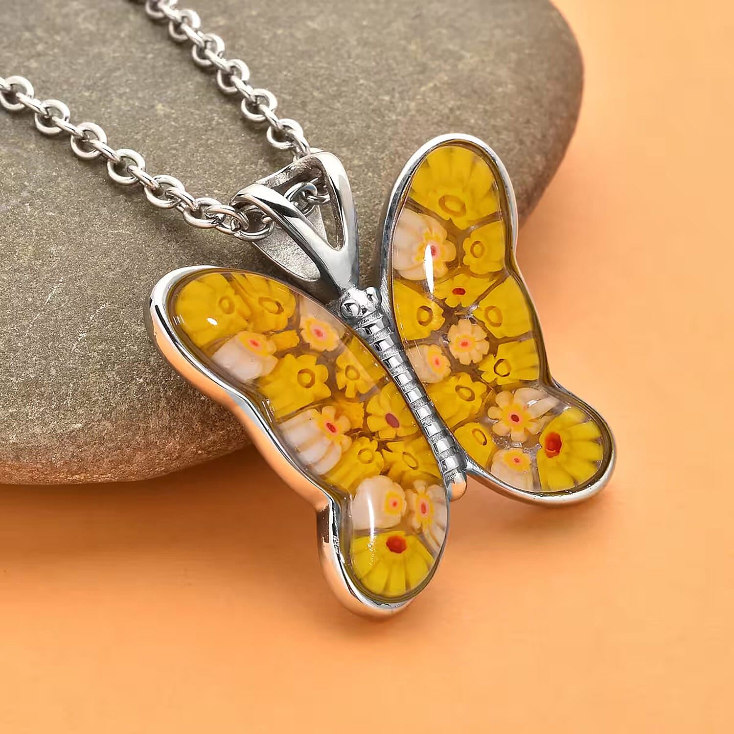 Yellow Murano Style Butterfly Necklace in Stainless Steel 24 Inches