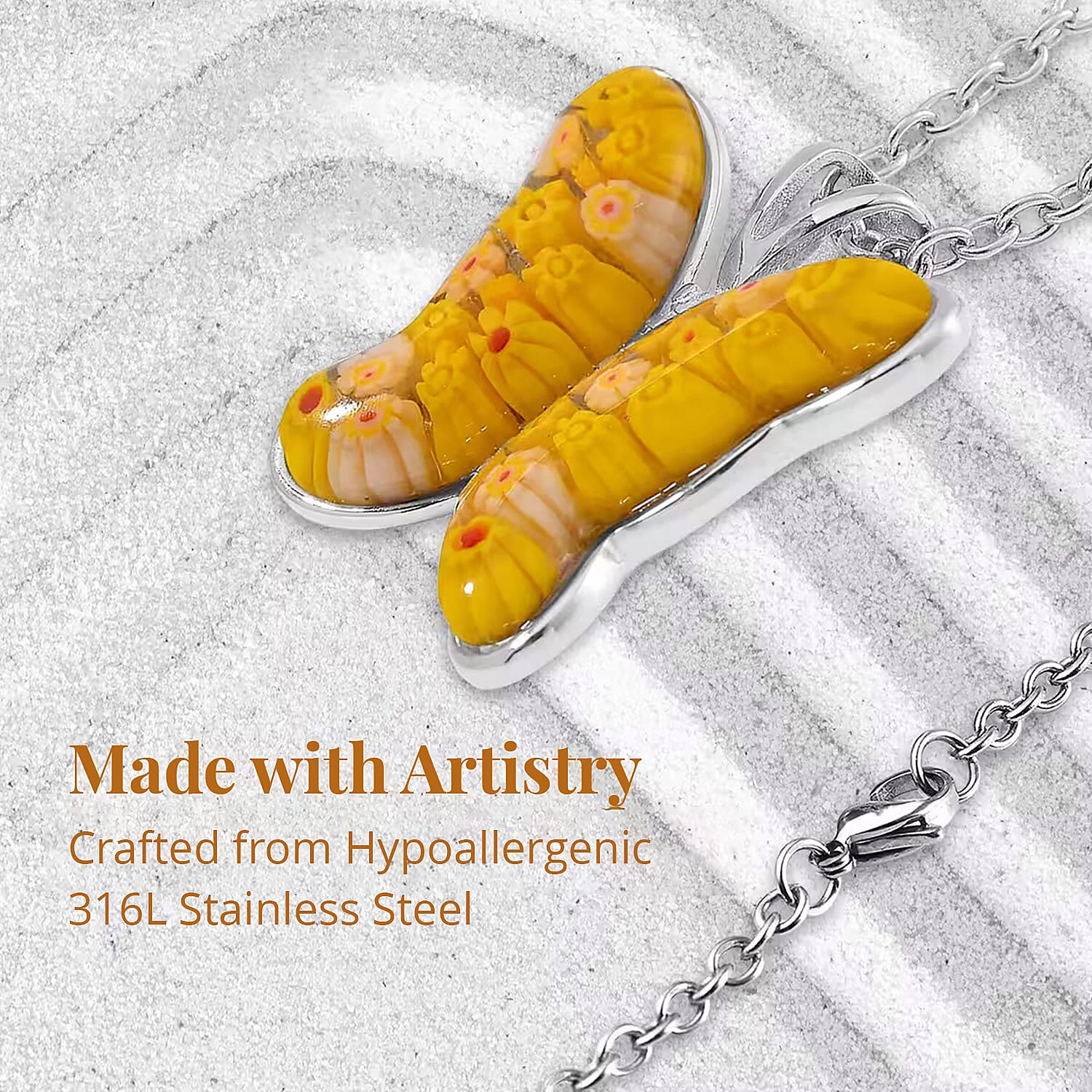 Yellow Murano Style Butterfly Necklace in Stainless Steel 24 Inches