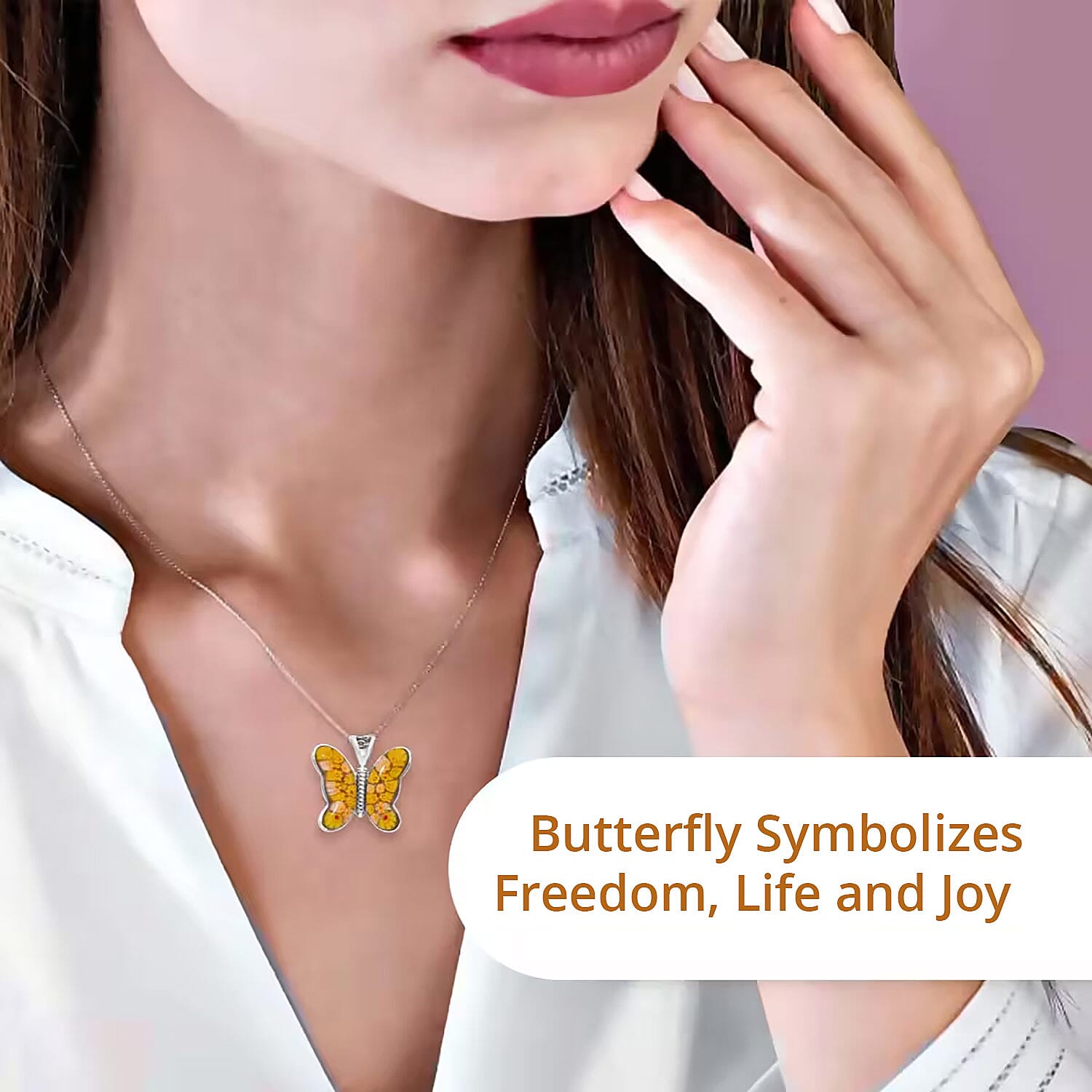 Yellow Murano Style Butterfly Necklace in Stainless Steel 24 Inches
