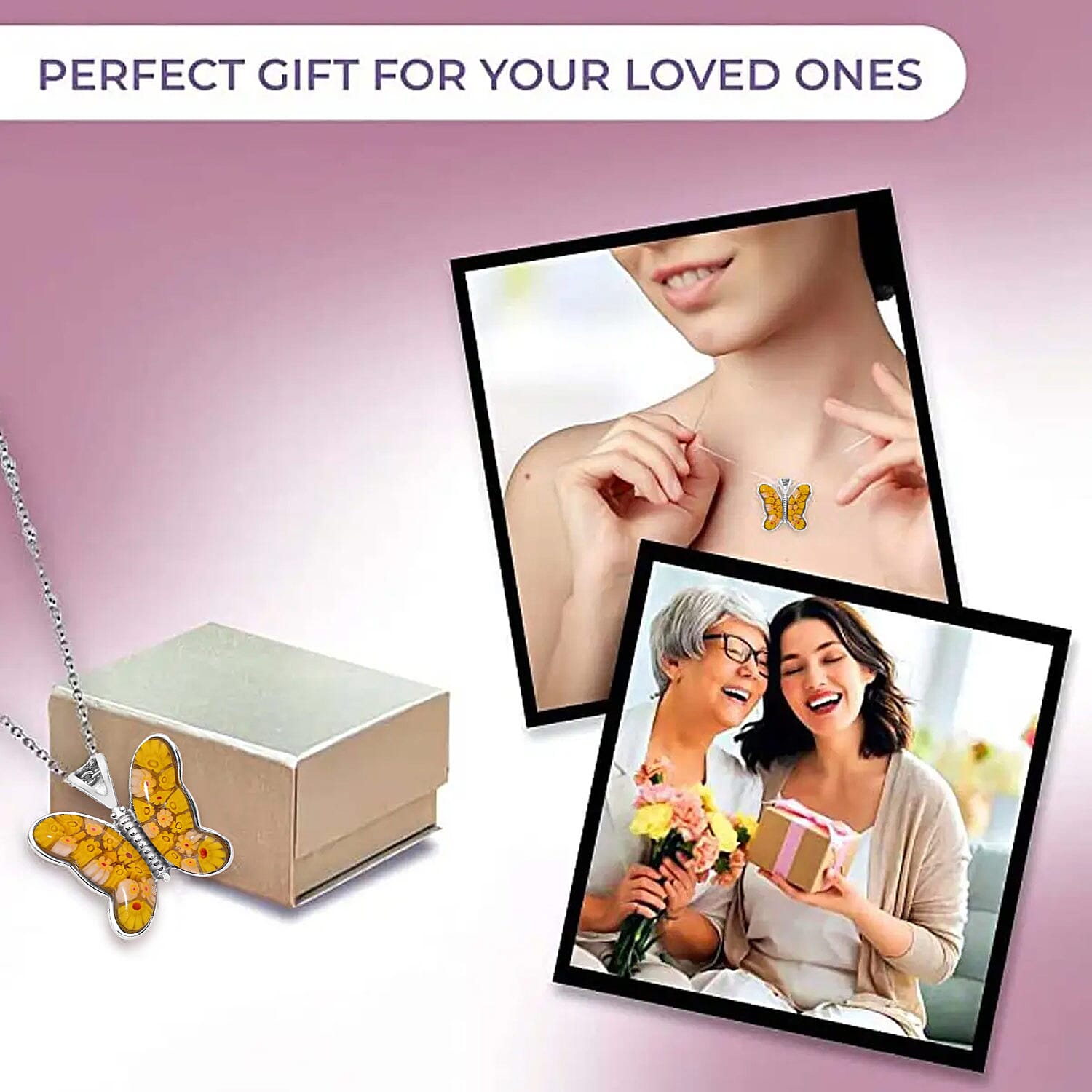 Yellow Murano Style Butterfly Necklace in Stainless Steel 24 Inches