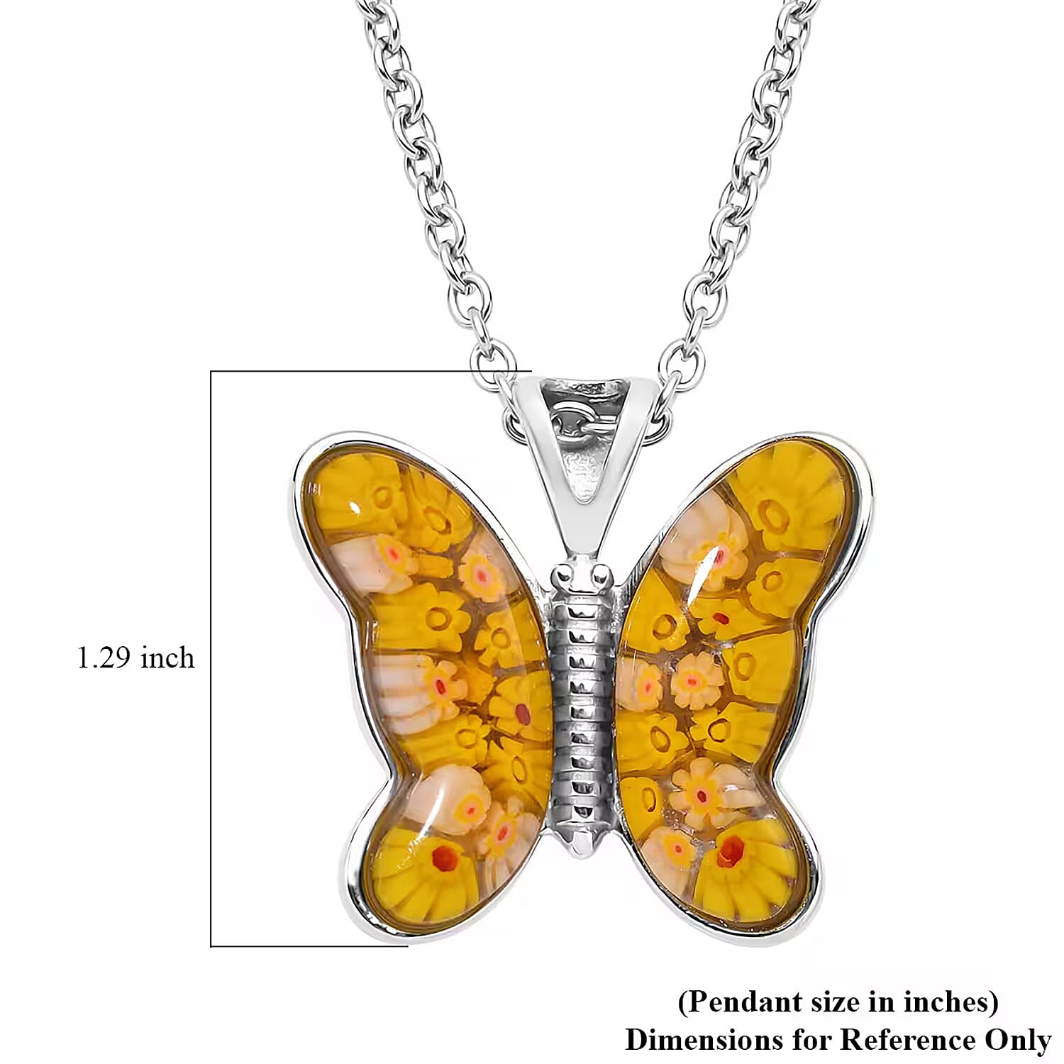 Yellow Murano Style Butterfly Necklace in Stainless Steel 24 Inches