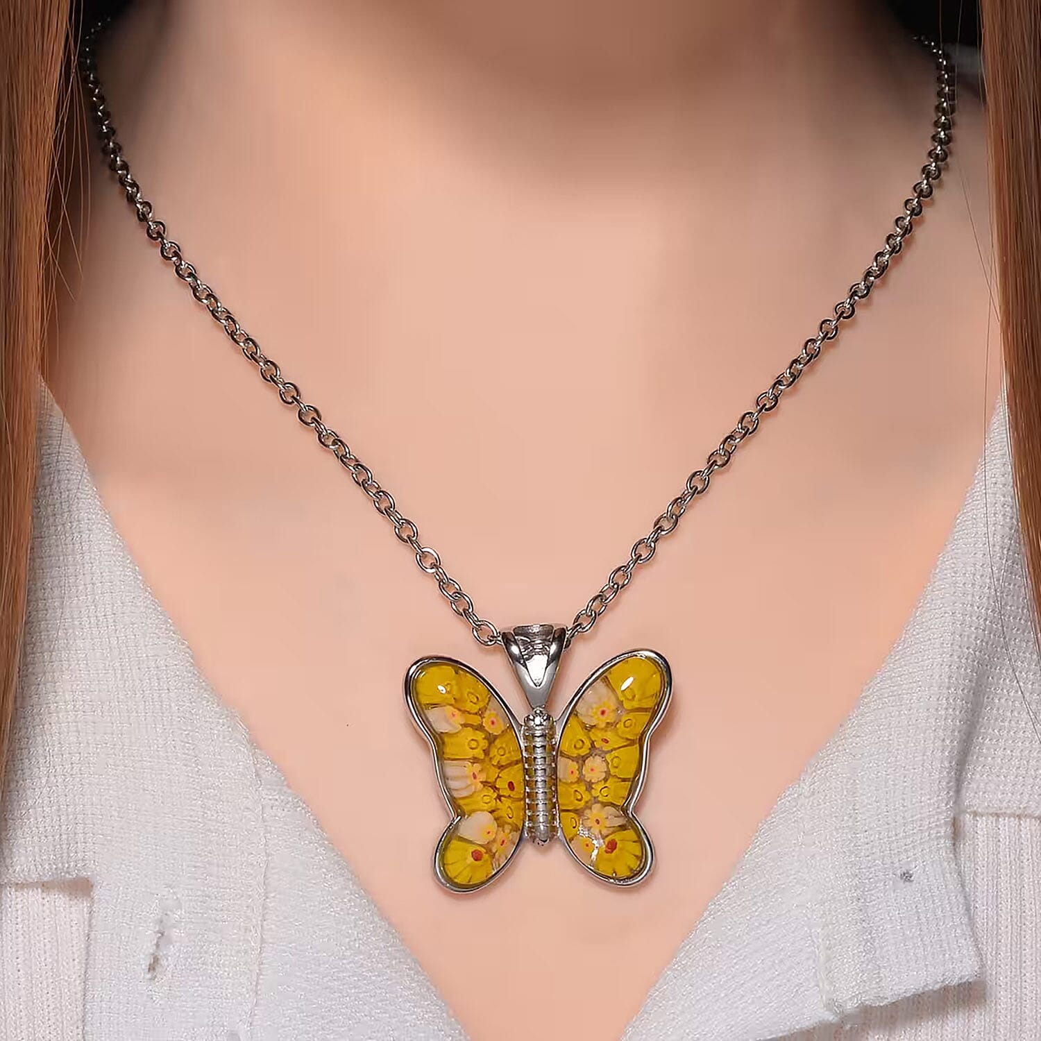 Yellow Murano Style Butterfly Necklace in Stainless Steel 24 Inches