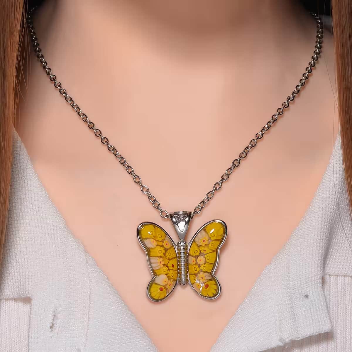 Yellow Murano Style Butterfly Necklace in Stainless Steel 24 Inches image number 7