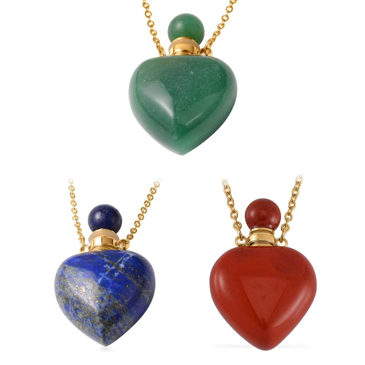 Set of 3 Red Jasper, Green Aventurine and Lapis Lazuli Perfume Heart Bottle Necklace 22 Inches in ION Plated YG Stainless Steel 24.00 ctw image number 0