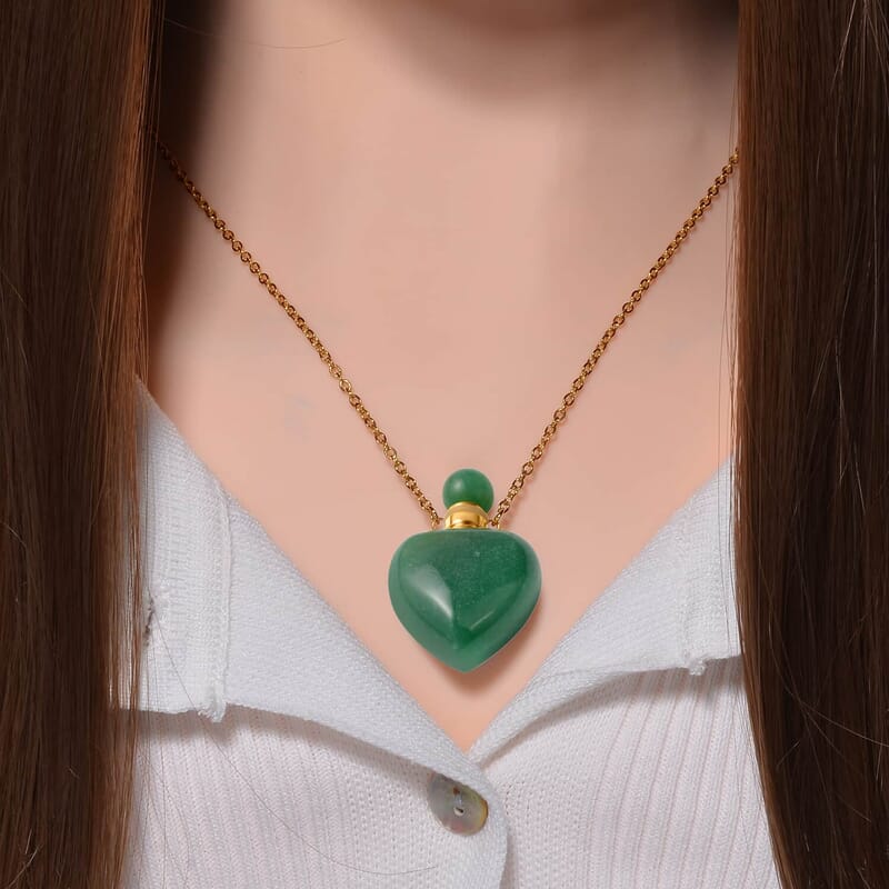 Set of 3 Red Jasper, Green Aventurine and Lapis Lazuli Perfume Heart Bottle Necklace 22 Inches in ION Plated YG Stainless Steel 24.00 ctw