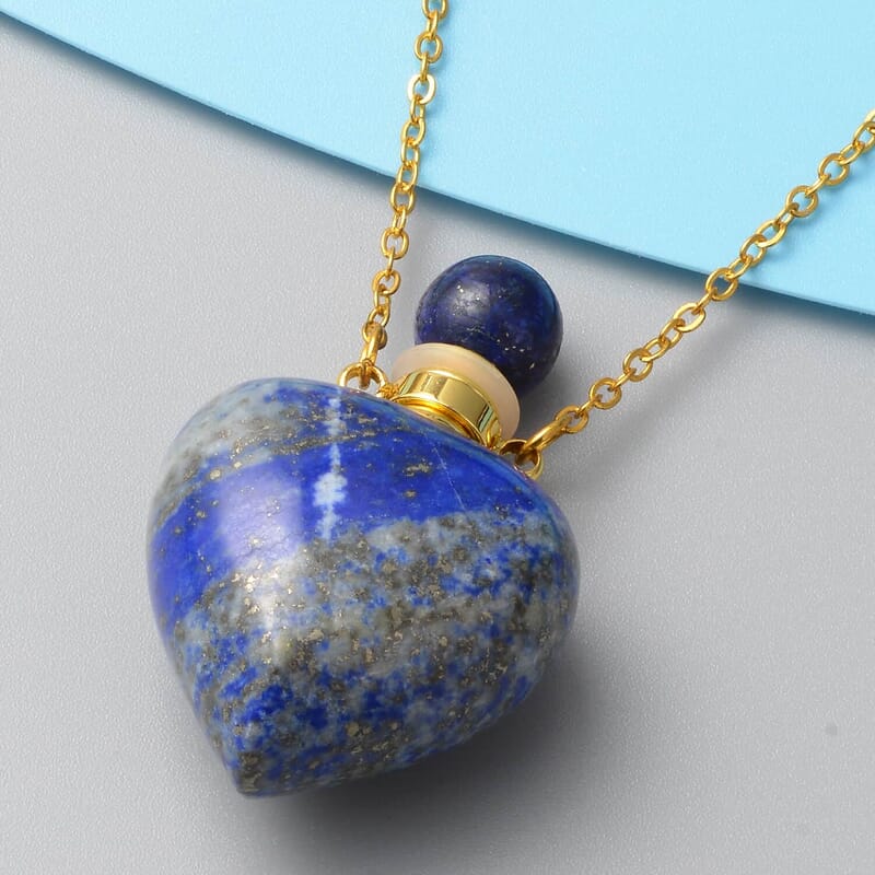 Set of 3 Red Jasper, Green Aventurine and Lapis Lazuli Perfume Heart Bottle Necklace 22 Inches in ION Plated YG Stainless Steel 24.00 ctw