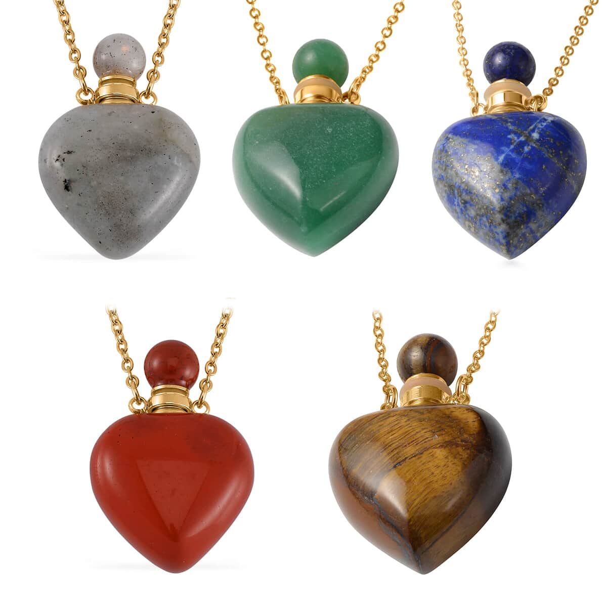 Set of 5, Multi Gemstone Perfume Heart Bottle Necklace 22 Inches in ION Plated Yellow Gold Stainless Steel 40.00 ctw image number 0