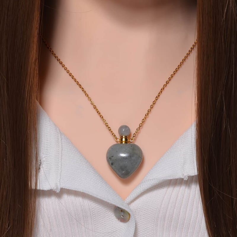 Set of 5, Multi Gemstone Perfume Heart Bottle Necklace 22 Inches in ION Plated Yellow Gold Stainless Steel 40.00 ctw