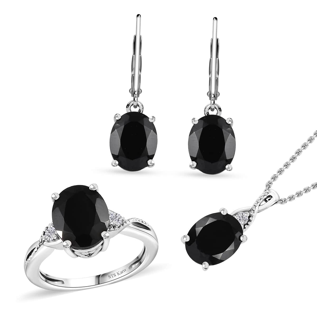 Karis Thai Black Spinel, White Zircon Earrings, Ring (Size 5.0) and Pendant in Platinum Bond with Stainless Steel Necklace (20 Inches) 12.60 ctw image number 0