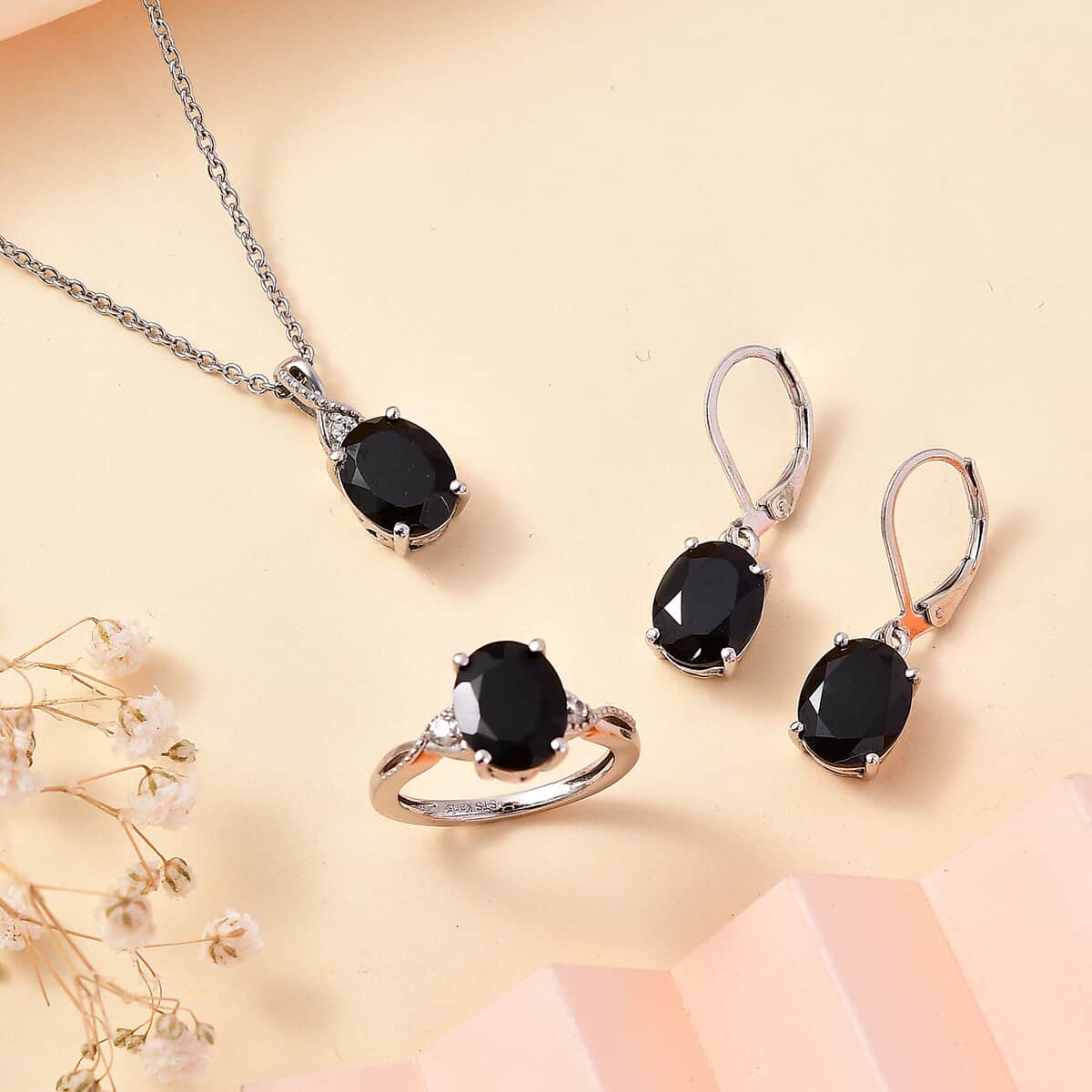 Karis Thai Black Spinel, White Zircon Earrings, Ring (Size 5.0) and Pendant in Platinum Bond with Stainless Steel Necklace (20 Inches) 12.60 ctw image number 1