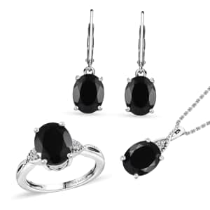 Karis Thai Black Spinel, White Zircon 12.60 ctw Earrings, Ring (Size 6.0) and Pendant in Platinum Bond with Stainless Steel Necklace 20 Inches