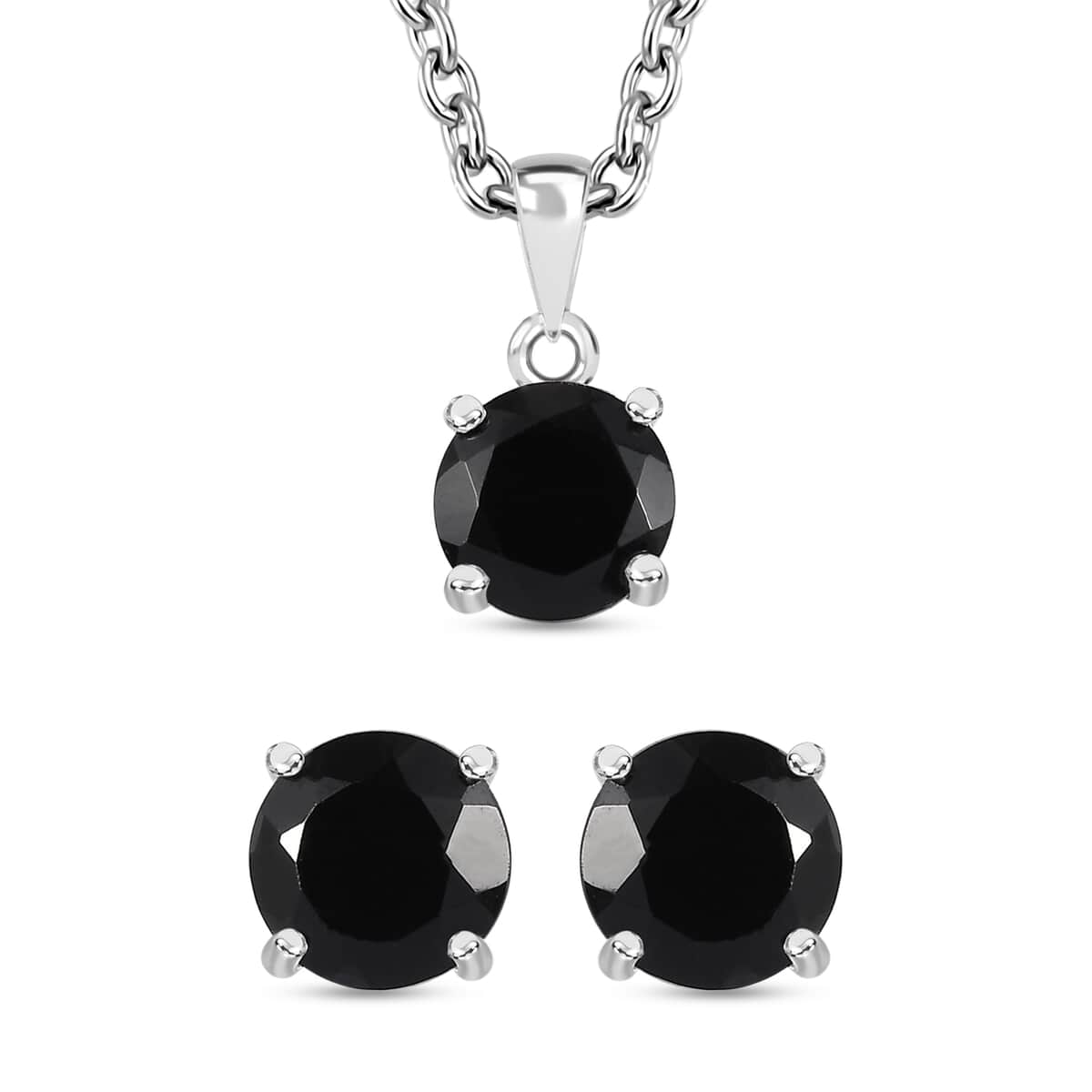 Thai Black Spinel 3.20 ctw Solitaire Stud Earrings, Pendant in Sterling Silver with Stainless Steel Necklace 20 Inches image number 0