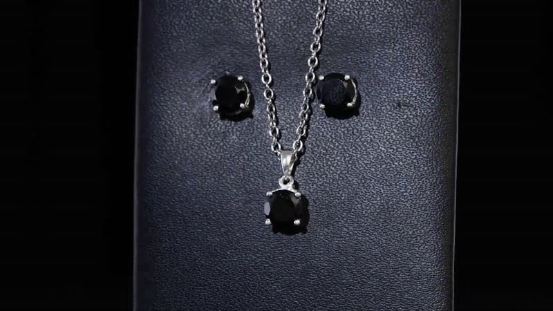 Thai Black Spinel Solitaire Stud Earrings, Pendant in Sterling Silver with Stainless Steel Necklace (20 Inches) 3.20 ctw