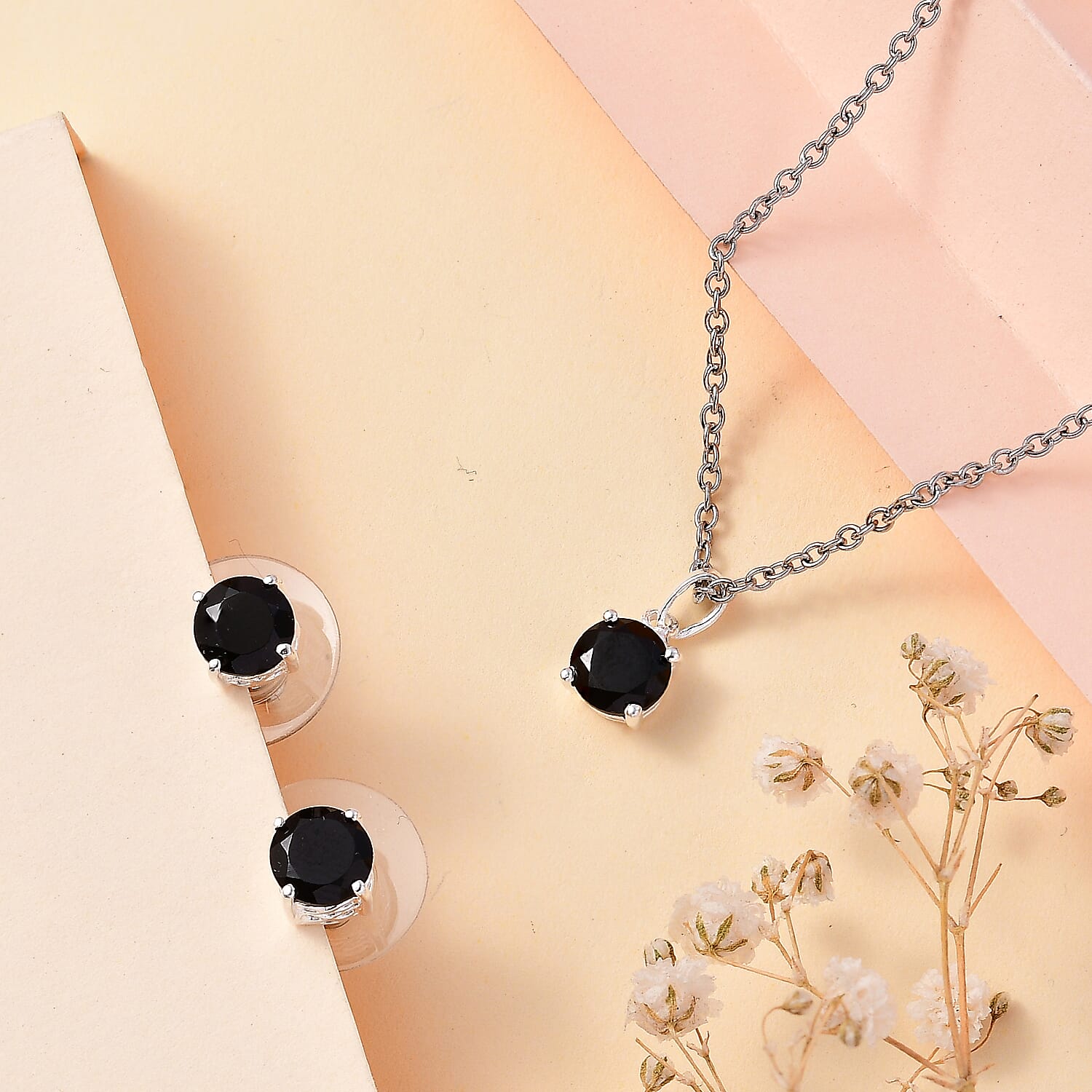 Thai Black Spinel 3.20 ctw Solitaire Stud Earrings, Pendant in Sterling Silver with Stainless Steel Necklace 20 Inches
