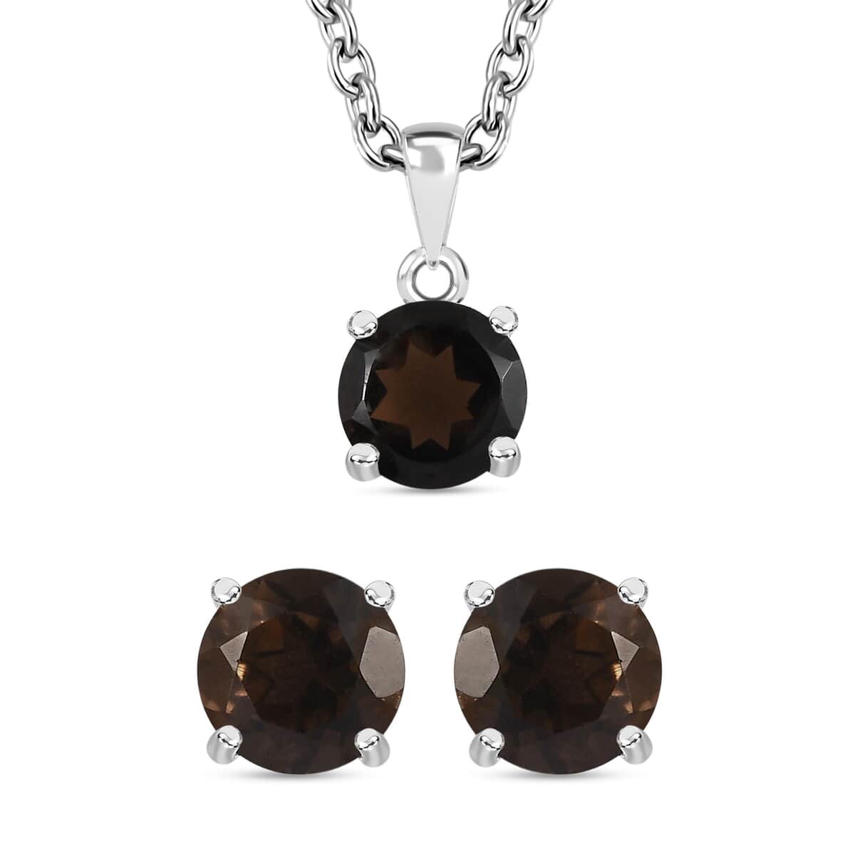 Brazilian Smoky Quartz 2.40 ctw Solitaire Stud Earrings, Pendant in Sterling Silver with Stainless Steel Necklace 20 Inches image number 0