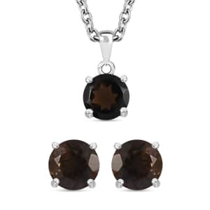 Brazilian Smoky Quartz 2.40 ctw Solitaire Stud Earrings, Pendant in Sterling Silver with Stainless Steel Necklace 20 Inches