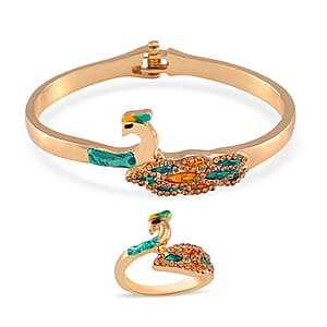 Champagne Crystal Bypass Peacock Bangle (6.75 In) and Ring (Size 8.0) in Goldtone