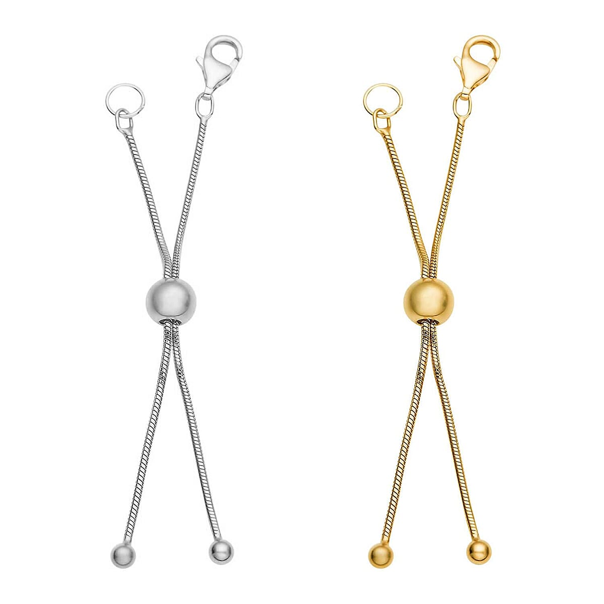 Set of 2, 14K YG and Rhodium Over Sterling Silver 9mm Lobster Lock with 2Inch Each Side Snake Extender Chain and 6mm Adjusting Bead 3.20 Grams